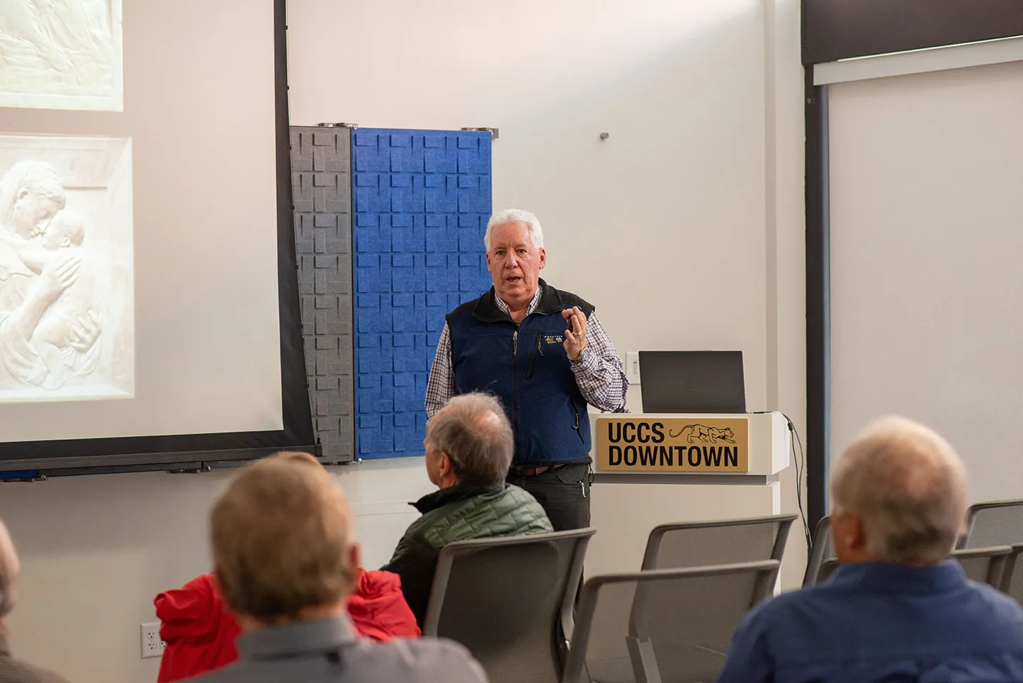 Person speaking at UCCS Downtown.